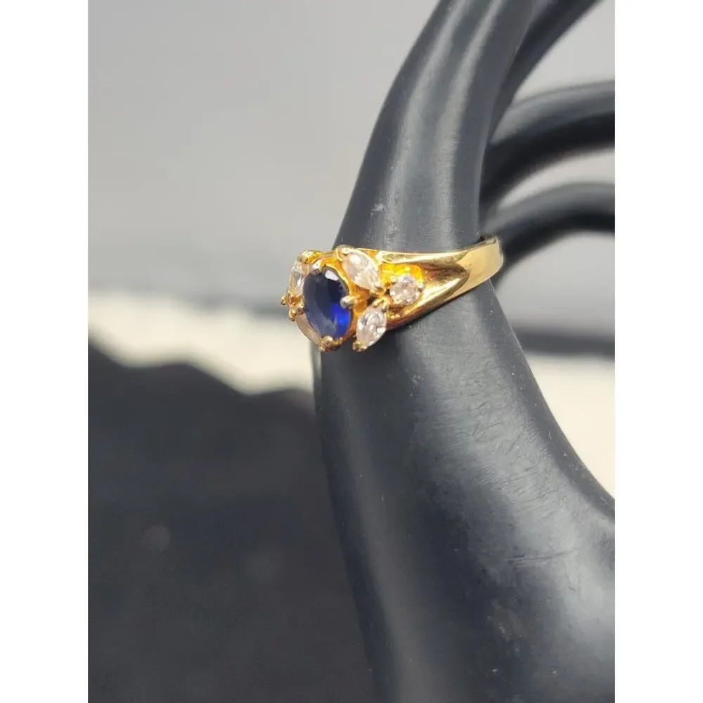 Vintage Premier Designs England’s Rose Ring Sapphire Blue Crystal Gold Tone